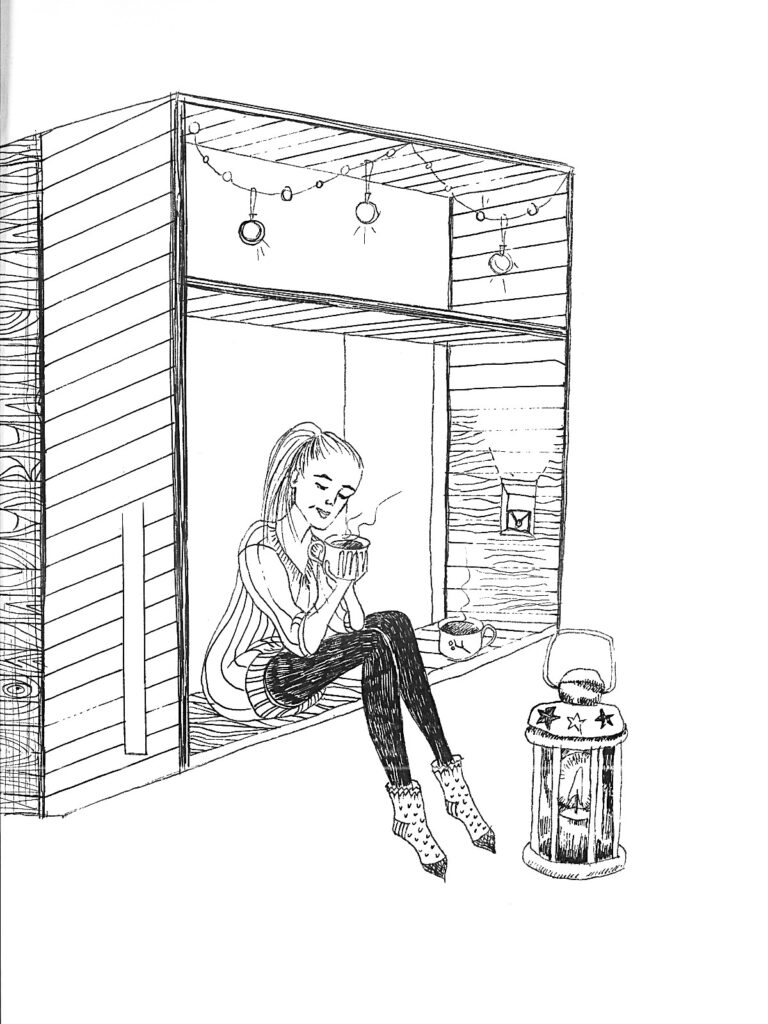 Maria Müür ART Koda by Kodasema postkaart must-valge joonistus naine istub aknal