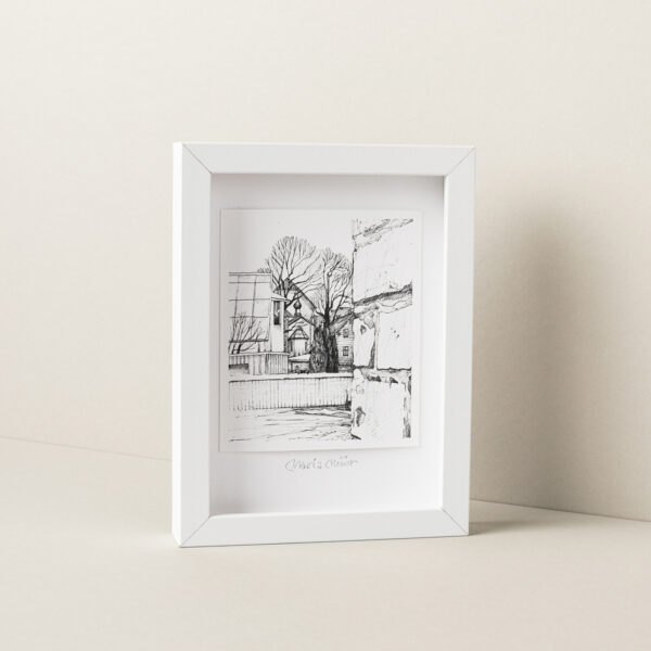 Kunstitrükis Mustvalge Tagahoovide lood pliiatsijoonistus