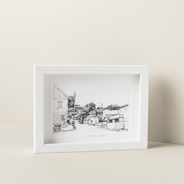 Järve äärest koju Aasa tn vaade joonistus mustvalge