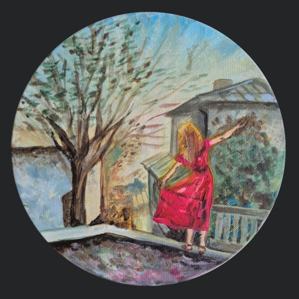 hommik viljandis maal naine punases kleidis kunst