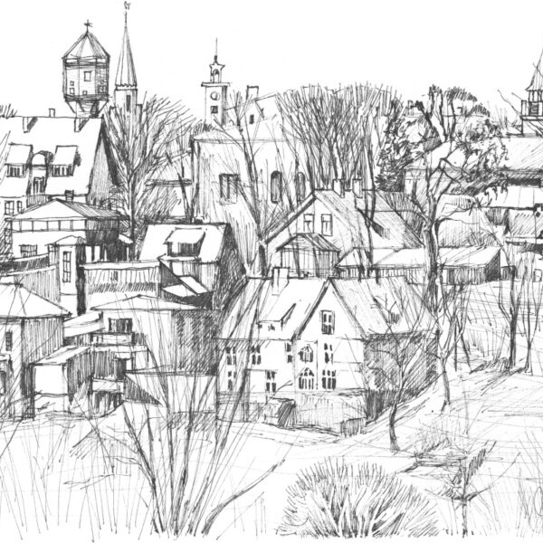 Viljandi panoraam pliiatsijoonistus mustvalge