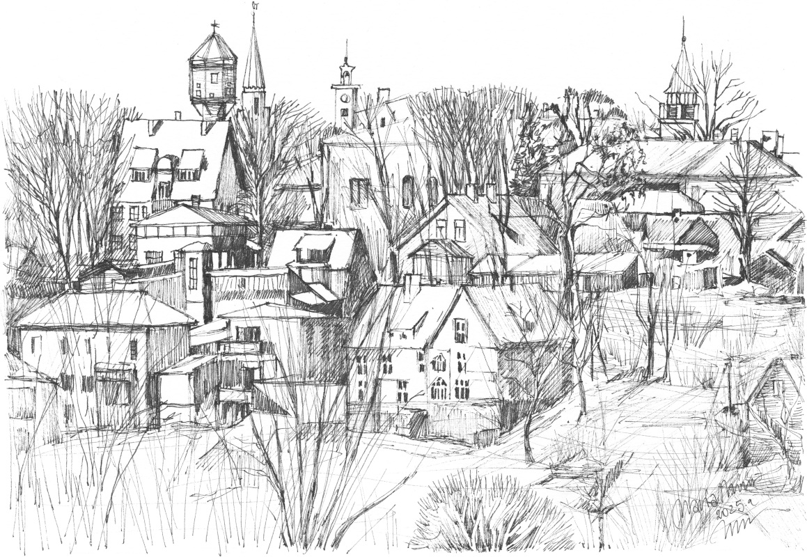 Viljandi panoraam pliiatsijoonistus mustvalge